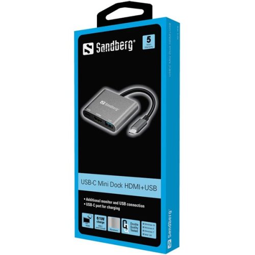 SANDBERG USB-C dokkoló, USB-C Mini Dock HDMI+USB