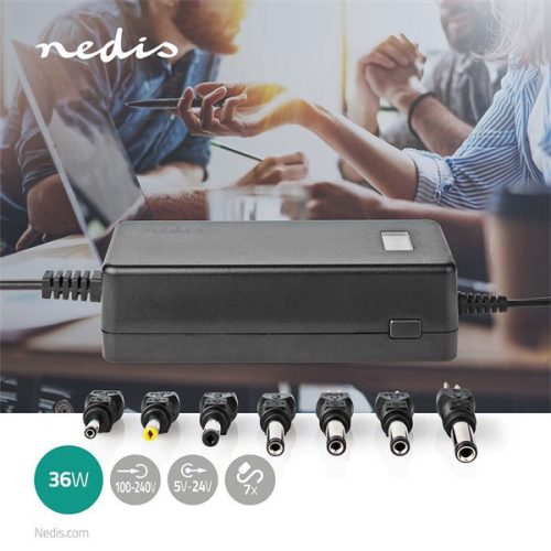 Nedis ACPA105 univerzális AC-DC tápegység, 5V-24V, 36W, 7 cserélhető táp dugó