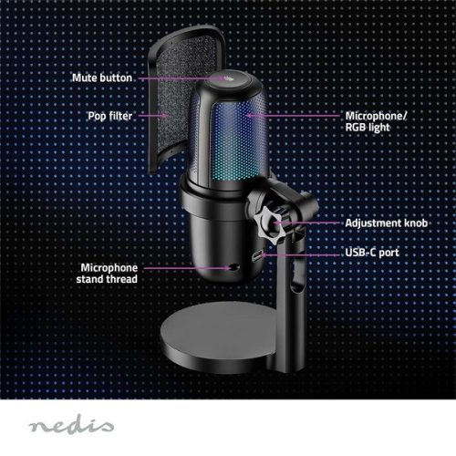 NEDIS GSMIC210BK RGB streaming asztali mikrofon, Használható: Asztali / Notebook, USB Type-A,  Be/Ki kapcsoló, szűrő