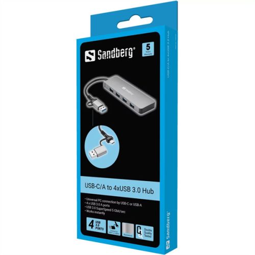 SANDBERG Hub és elosztó, USB-C/A to 4xUSB 3.0 Hub