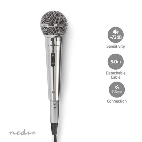Nedis MPWD45GY dinamikus mikrofon, levehető kábel 5m, 80 Hz - 13 kHz 600 Ohm -72 dB Be/Ki kapcs.fém ezüst