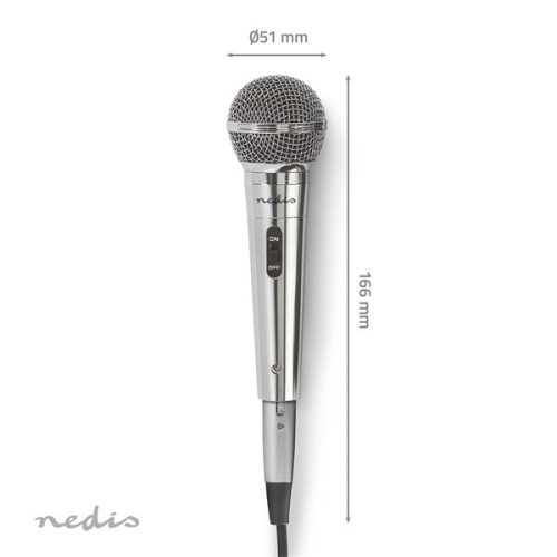 Nedis MPWD45GY dinamikus mikrofon, levehető kábel 5m, 80 Hz - 13 kHz 600 Ohm -72 dB Be/Ki kapcs.fém ezüst