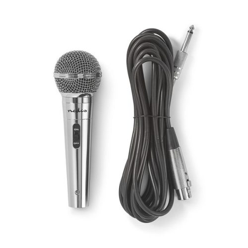Nedis MPWD45GY dinamikus mikrofon, levehető kábel 5m, 80 Hz - 13 kHz 600 Ohm -72 dB Be/Ki kapcs.fém ezüst