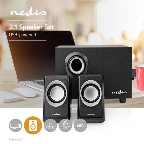 Nedis CSPR10021BK PC (hangfal) hangszóró 2.1, 33 W, 3,5mm sztereo jack