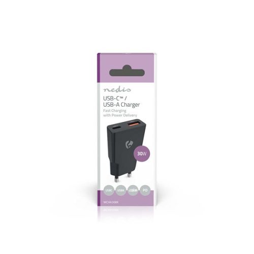Nedis WCHA30BK gyorstöltő USB-A / USB-C töltő, GaN, PD3.0, QC, Gyorstöltési funkció 1,5 / 2,0 / 2,5 / 3,0 A, 30W, fekete