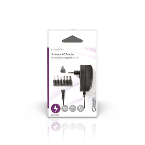 Nedis ACPA007 univerzális AC-DC tápegység, állítható 3V-12V, 2,25A, 27W, 6 cserélhetó táp dugó