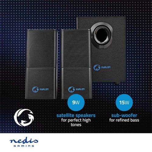 Nedis GSPR10021BK aktív gamer hangszóró 2.1, USB tápellátás, 3,5 mm jack, 30 W, Hangerőszabályozó