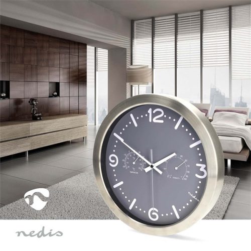 Nedis CLWA5226SS falióra, 30 cm átmérő,  rozsdamentes acél, csendes szerkezet: óra, hőmérő, páratartamom mérő