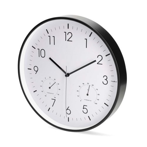 Nedis CLWA4226BK falióra, 30 cm átmérő,  műanyag, csendes szerkezet: óra, hőmérő, páratartamom mérő