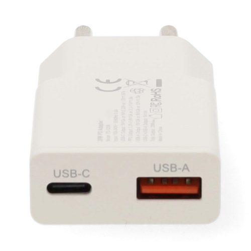 Nedis WCHA30WT gyorstöltő USB-A / USB-C töltő, GaN, PD3.0, QC, Gyorstöltési funkció 1,5 / 2,0 / 2,5 / 3,0 A, 30W, fehér