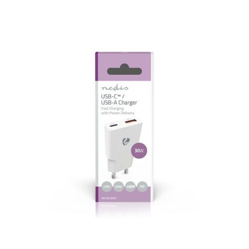 Nedis WCHA30WT gyorstöltő USB-A / USB-C töltő, GaN, PD3.0, QC, Gyorstöltési funkció 1,5 / 2,0 / 2,5 / 3,0 A, 30W, fehér