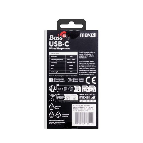MAXELL Fülhallgató, EB10 BASS13, In-ear, fekete, USB-C