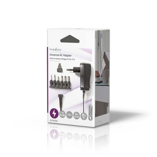 Nedis ACPA006 univerzális AC-DC tápegység, állítható 3V-12V DC 600mA, 6 cserélhető táp dugó, 7,2W