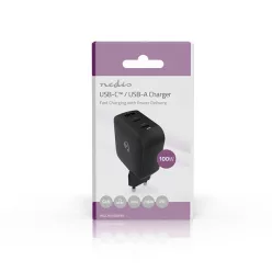   Nedis WGCHA100WBK töltő 100 W, GaN, PD3.0, QC 2,5 / 3,0 / 5,0 A, Kimenetek száma: 3, USB-A / 2x USB-C, fekete