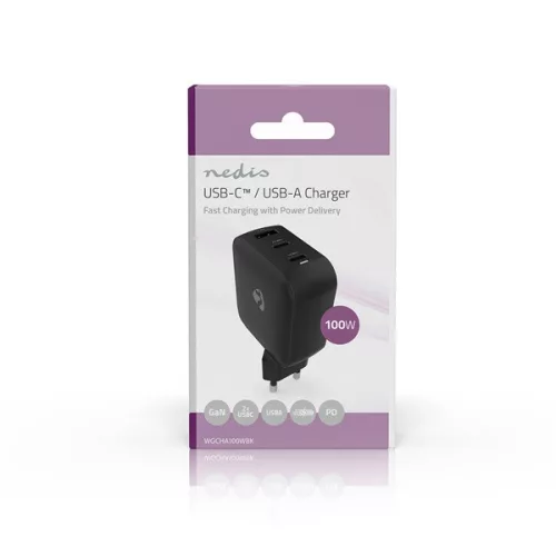 Nedis WGCHA100WBK töltő 100 W, GaN, PD3.0, QC 2,5 / 3,0 / 5,0 A, Kimenetek száma: 3, USB-A / 2x USB-C, fekete