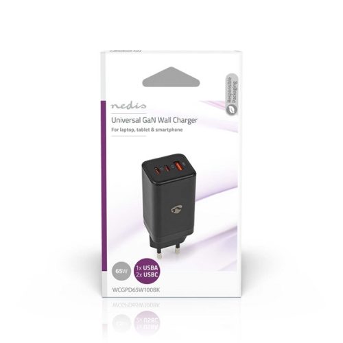 Nedis WCGPD65W100BK PD töltő / tápegység 65W, 5A, GaN, QC, automatikus feszültségválasztás, USB-A / 2x USB-C