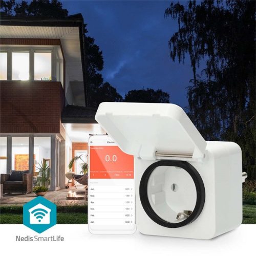 Nedis WIFIPO130FWT kültéri okos konnektor, Wi-Fi, IP44, fogyasztás mérő, 3680 W, földelt érintkező, Android™ / IOS