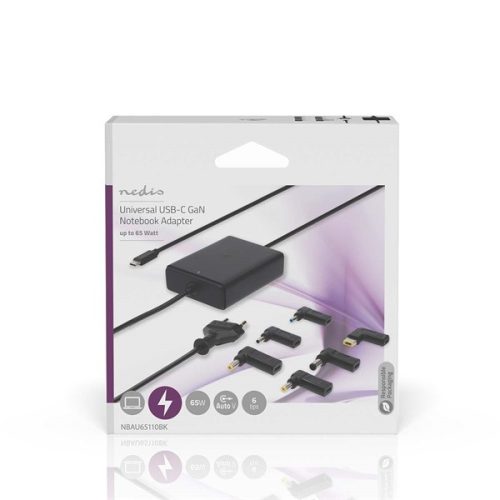 Nedis NBAU65110BK univerzális notebook / telefon / tablet töltő 65 W, GAN, 5 / 9 / 12 / 15 / 20 V DC, 2,4 / 3,0 /  3,25A