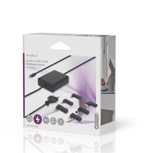 Nedis NBAU65110BK univerzális notebook / telefon / tablet töltő 65 W, GAN, 5 / 9 / 12 / 15 / 20 V DC, 2,4 / 3,0 /  3,25A