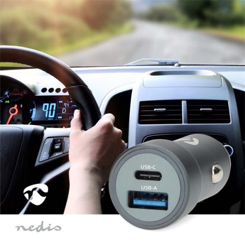 Nedis CCH1C1A48W szivargyújtós autós töltő, 48 W | 1,5 / 2,0 / 3,0 A, USB-A / USB-C, automatikus feszültségválasztás