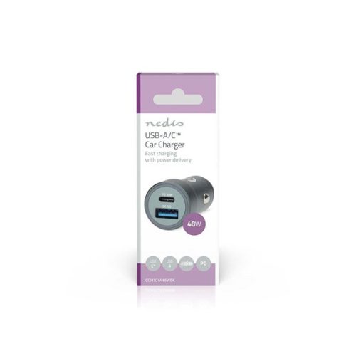 Nedis CCH1C1A48W szivargyújtós autós töltő, 48 W | 1,5 / 2,0 / 3,0 A, USB-A / USB-C, automatikus feszültségválasztás