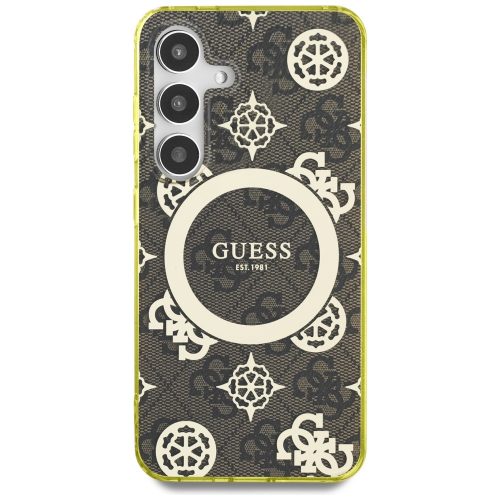 Guess 4G Background Gold Electroplated Peony Pattern Samsung Galaxy S25 MagSafe kemény hátlap tok, barna