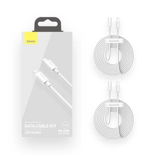 Baseus Simple Wisdom USB-C-Lightning adat/töltőkábel PD, 20W, 1,5m, fehér, 2db