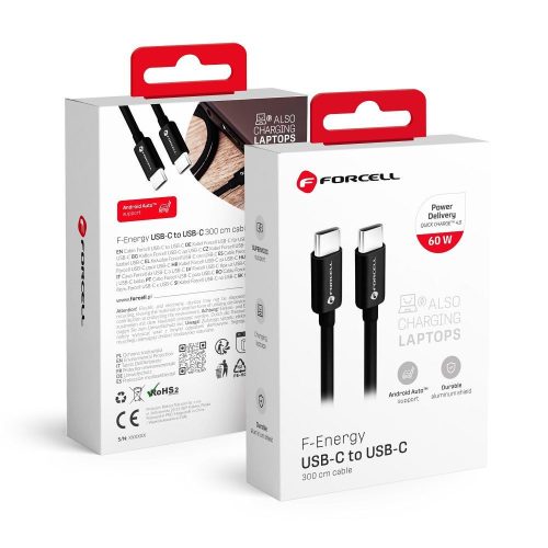 FORCELL F-ENERGY C338 USB-C-USB-C adatkábel, PD, 3A, QC4.0, 60W, 3m, fekete