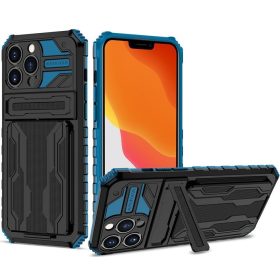   Apple iPhone 13 Pro Max, Műanyag hátlap védőtok szilikon belső, közepesen ütésálló, kitámasztóval, kártyatartóval, Wooze Transformer, fekete/kék