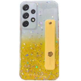   Apple iPhone 12 Mini, Szilikon tok, közepesen ütésálló, kézpánttal, színátmenetes, csillogó minta, Wooze Strap Star, mintás/sárga
