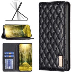   Apple iPhone 11 Pro Max, Oldalra nyíló tok, stand, kártyatartóval, 3D rombusz minta, Wooze Pillow, fekete