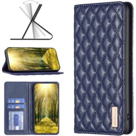   Apple iPhone 13 Pro, Oldalra nyíló tok, stand, kártyatartóval, 3D rombusz minta, Wooze Pillow, kék