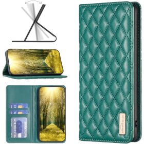   Samsung Galaxy A24 4G SM-A245F, Oldalra nyíló tok, stand, kártyatartóval, 3D rombusz minta, Wooze Pillow, zöld