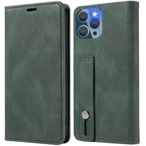 Apple iPhone 12 Pro Max, Oldalra nyíló tok, stand, kártyatartóval, kézpánttal, Wooze Business Plus, sötétzöld