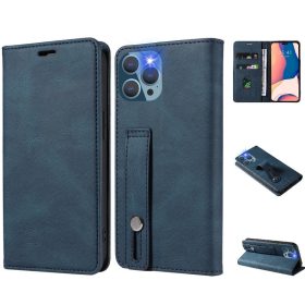   Apple iPhone 13 Pro Max, Oldalra nyíló tok, stand, kártyatartóval, kézpánttal, Wooze Business Plus, kék