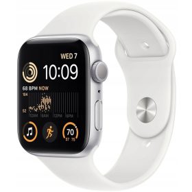   Bemutató készülék, Apple Watch SE (v2) okosóra, 44mm, Ezüst alumínium, fehér szíj