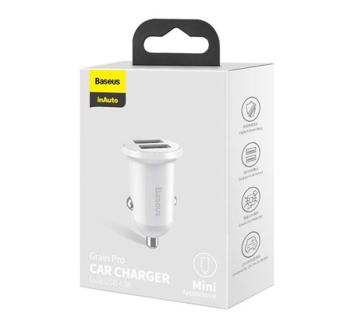 Baseus Grain Pro autós szivargyújtó gyorstöltő adapter 2xUSB, 24W, fehér