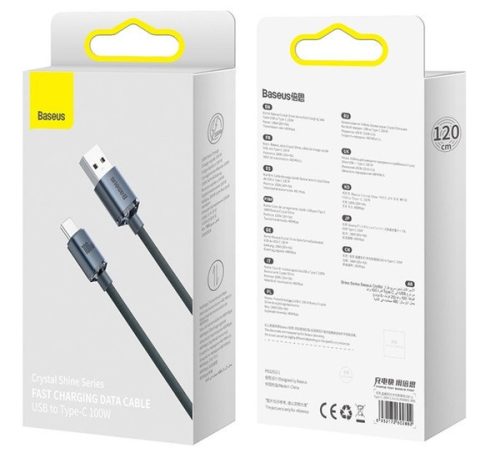 Baseus Crystal Shine USB / USB-C töltő- és adatkábel, 100W, 1,2m, Fekete