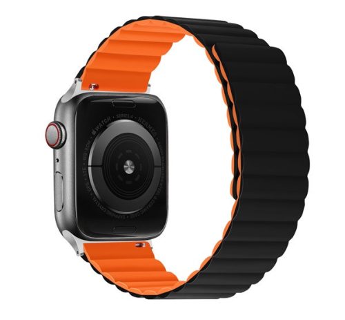 Phoner Rever Apple Watch forgatható mágneses szilikon szíj, 41/40/38mm, S/M, fekete/narancs