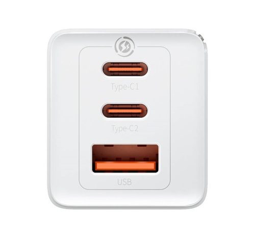 Baseus GaN5 Pro hálózati töltő 2xUSB-C + USB-A, USB-C-USB-C kábellel, 65W, fehér