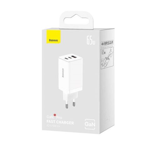Baseus GaN5 Pro hálózati töltő 2xUSB-C + USB-A, USB-C-USB-C kábellel, 65W, fehér