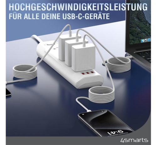 4smarts RollUp USB / USB-C mágnesesen feltekerhető töltő- és adatkábel, 1.5m, fehér