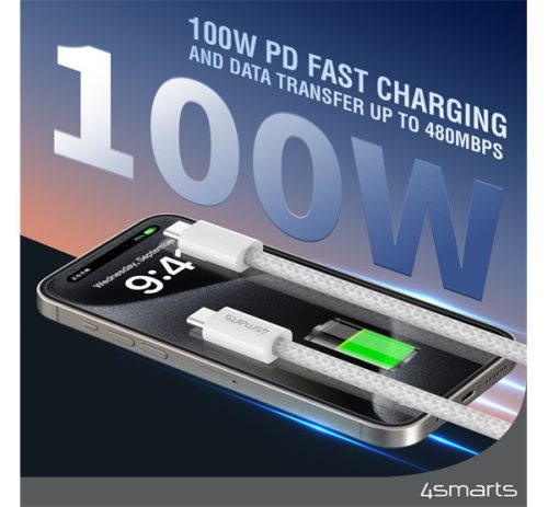 4smarts RollUp USB / USB-C mágnesesen feltekerhető töltő- és adatkábel, 1.5m, fehér