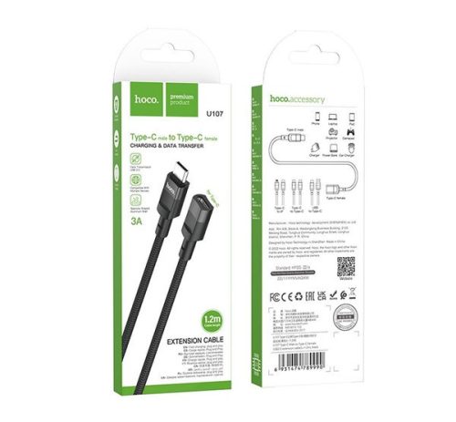 Hoco U107 USB-C hosszabbító kábel 1,2m, fekete