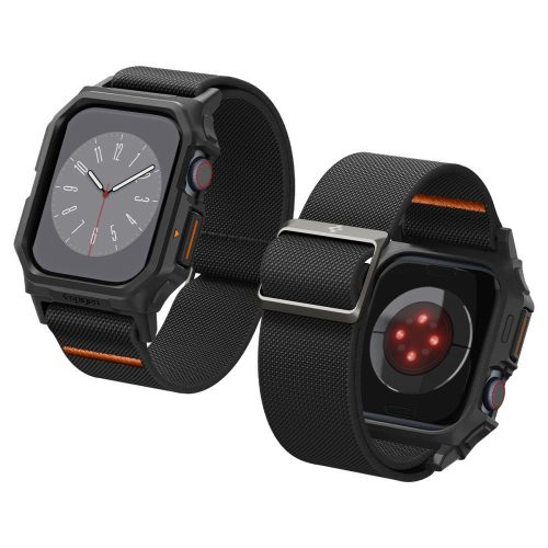 Apple Watch 10-11 (42 mm), textíl pótszíj, szilikon keret, közepesen ütésálló, Spigen Lite Fite Pro, fekete