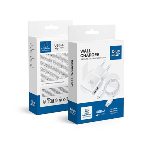 Blue Star hálózati töltő adapter USB-A + Lightning kábel, 1A, 5W, fehér