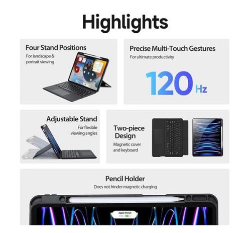 Dux Ducis DK iPad Air 13 (2024)/Pro 12.9 (2020/2021/2022) kihajtható tok vezeték nélküli billentyűzettel, fekete