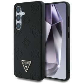   Guess Grained Hot Stamp Peony Pattern Triangle Logo Samsung Galaxy S25 MagSafe kemény hátlap tok, fekete
