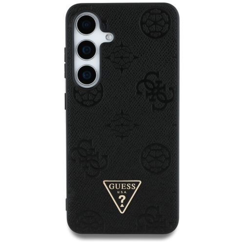 Guess Grained Hot Stamp Peony Pattern Triangle Logo Samsung Galaxy S25 MagSafe kemény hátlap tok, fekete