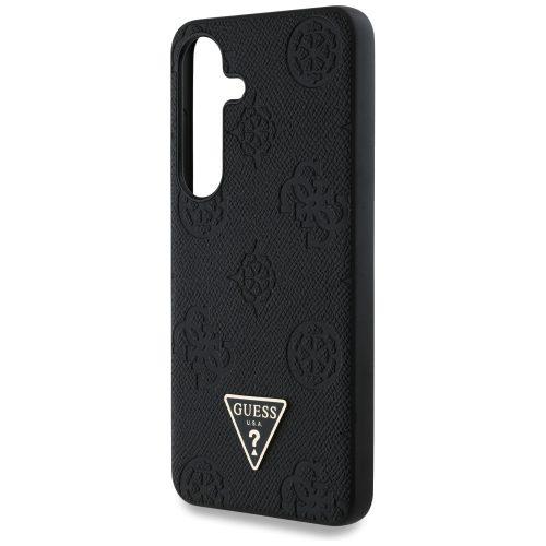 Guess Grained Hot Stamp Peony Pattern Triangle Logo Samsung Galaxy S25 MagSafe kemény hátlap tok, fekete